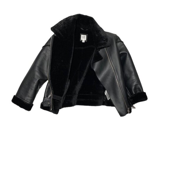 NEW Gap Kids Leather Faux Fur Lined Oversized Biker Jacket Black - Picture 2 of 5